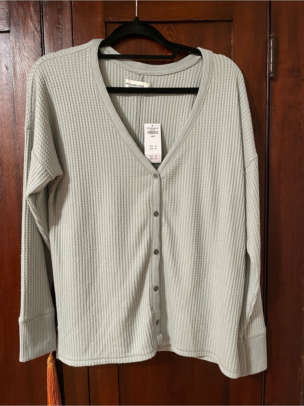 Abercrombie & Fitch Light Sage Waffle V-Neck Button Cardigan